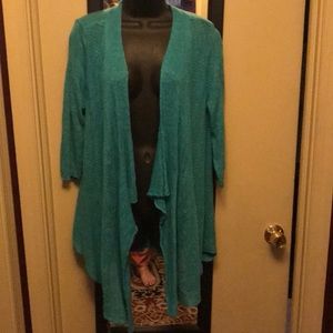 Draped front teal open front sweater